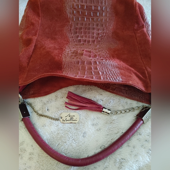 Anna Morellini Dark Red Suede Leather Crocodile Hobo Bag - Picture 2 of 16